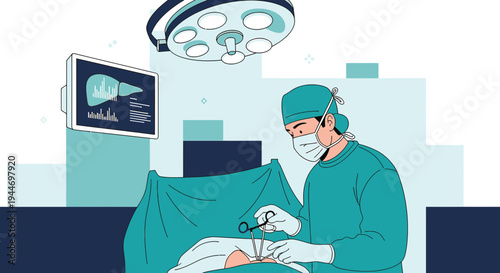 Surgeon Performing Operation in Operating Room with Medical Monitor Displaying Organ Scan
