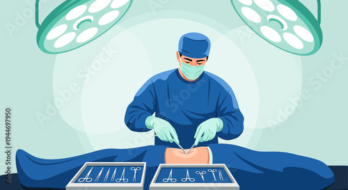 Surgeon Performing Operation in Operating Room with Surgical Instruments and Lights