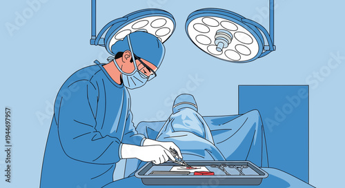 Surgeon Performing Operation in Operating Room with Surgical Instruments and Patient