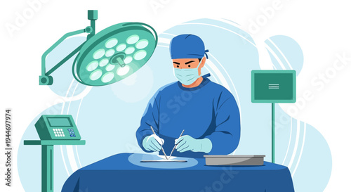 Surgeon Performing Operation in Operating Room with Surgical Lamp and Medical Equipment