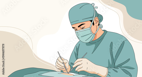Surgeon Performing Operation in Operating Room with Surgical Tools