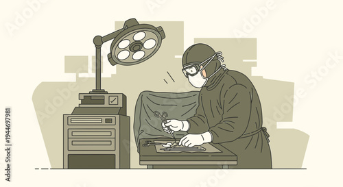 Surgeon Performing Operation in Operating Room with Surgical Lights and Equipment