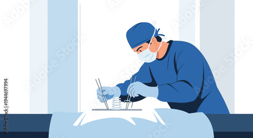 Surgeon Performing Operation in Operating Room with Surgical Tools