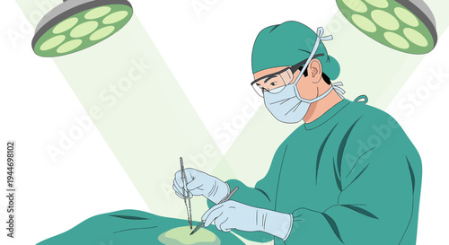 Surgeon Performing Operation Under Surgical Lights in Operating Room