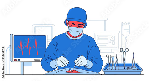 Surgeon Performing Operation with Medical Equipment and Heart Monitor