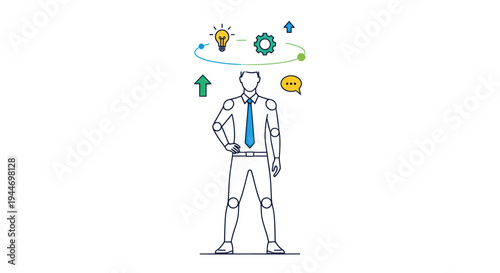 Man with ideas and innovation symbols.