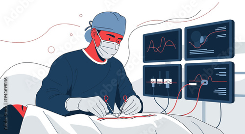 Surgeon Performing Operation with Medical Monitors in Operating Room