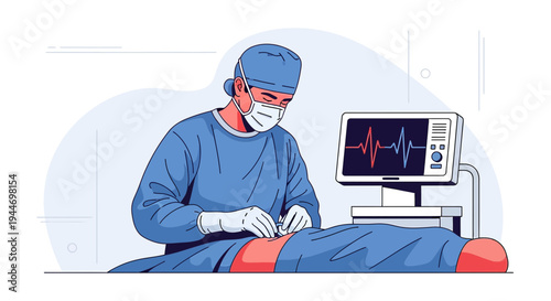 Surgeon Performing Operation with Medical Monitor in Operating Room