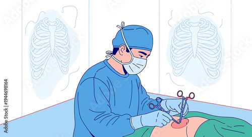 Surgeon Performing Operation with Rib Cage X-ray Background