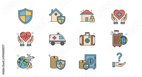 Collection of Icons Representing Security Protection.