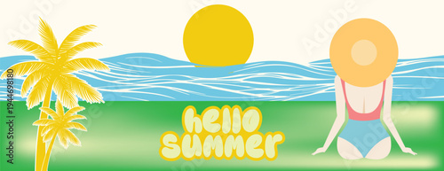 summer tropical banner and summer background for social media cover and website banner Summer holiday concept with woman in swimsuit and sun hat sitting on beach looking at blue sea waves and sun