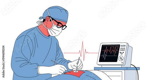 Surgeon performing surgery with medical monitor showing vital signs