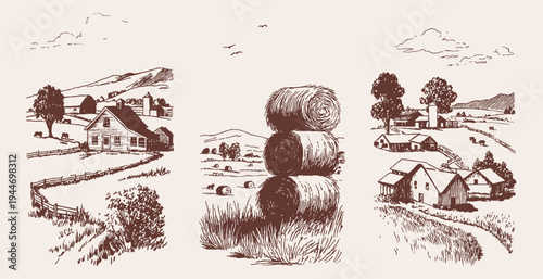 American farm buildings barns rural countryside landscape set. Traditional homestead with silos, fences and hay. Ideal for editorial or packaging. Classic crayon pencil drawn style.