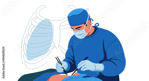 Surgeon Performing Thoracic Surgery with Rib Cage X-ray Overlay