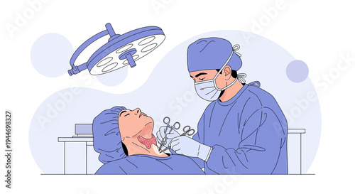 Surgeon performs thyroid surgery on patient under surgical lamp in operating room