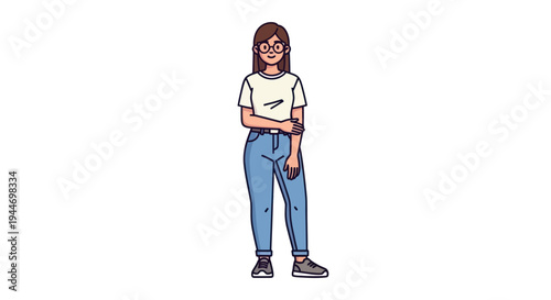 Cartoon Woman Standing with Folded Arms.