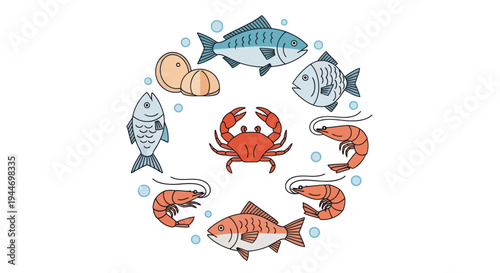Colorful Seafood Illustration with Crab Center.
