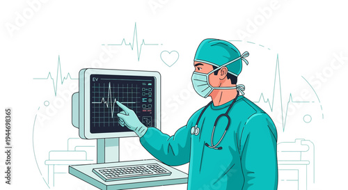 Surgeon points at EKG monitor, medical technology, healthcare, doctor analyzing vital signs, heart rhythm