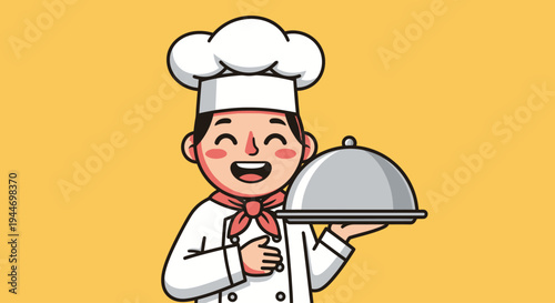 Cartoon Chef Holding Silver Serving Dish.