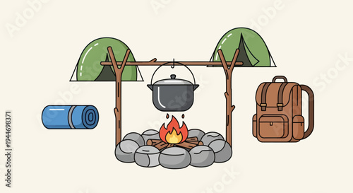 Camping Scene with Backpack and Sleeping Bag.