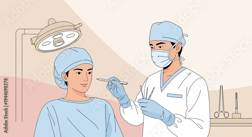Surgeon prepares for cosmetic surgery, patient in operating room with surgical lamp