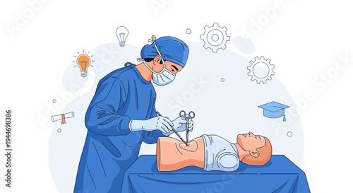 Surgeon Practicing Laparoscopic Surgery on Medical Dummy, Training and Education Concept
