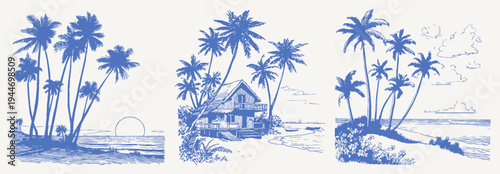 Palm grove sunset beach house coastal paradise. Hand drawn crayon tropical vintage sketch drawing line art. Warm ocean scenes with flowers, shore.