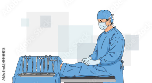 Surgeon Preparing for Operation with Surgical Instruments and Patient