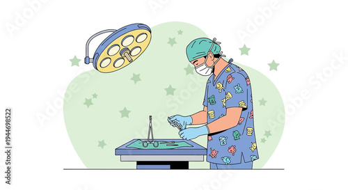 Surgeon Preparing for Operation, Surgical Tools on Tray Under Operating Lamp