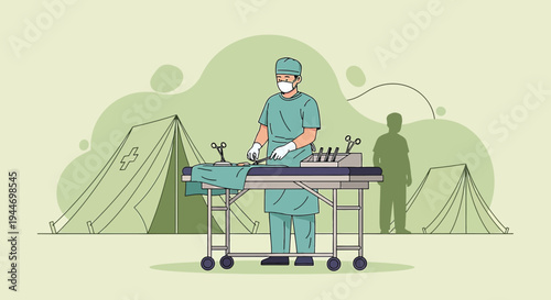Surgeon Preparing for Outdoor Surgery in Field Hospital Tent
