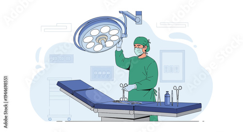 Surgeon Preparing for Surgery in Operating Room with Surgical Lamp and Instruments