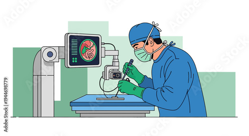 Surgeon Performing Minimally Invasive Surgery with Robotic Assistance and 3D Brain Scan Display