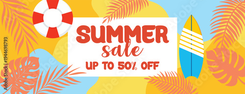 summer tropical sale banner and summer background for social media cover header and website banner Summer sale banner for promotion with tropical leaves lifebuoy and surfboard on yellow background