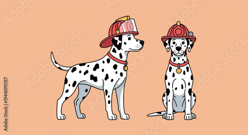 Two Dalmatian Dogs Wearing Firefighter Helmets Vector Illustration