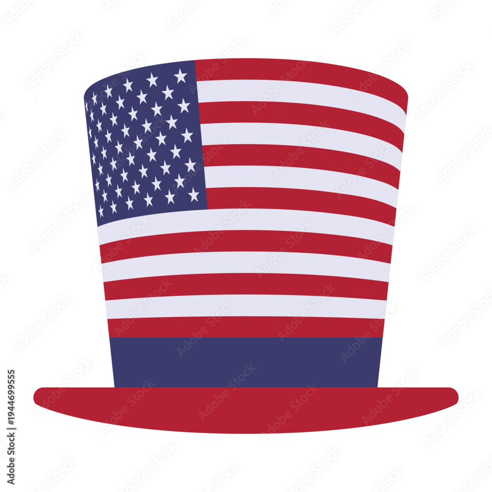 Obraz premium Uncle Sam Hat. Stars and Stripes Top Hat. Independence day of USA. United States of America patriotic symbol. USA Independence Day vector