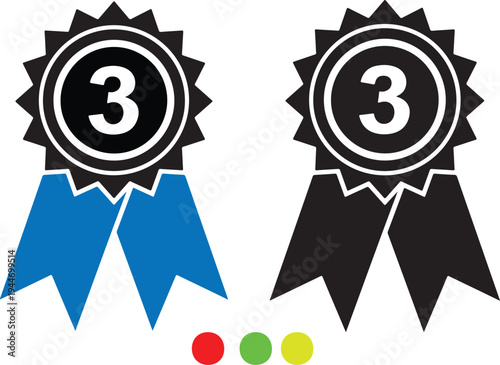 Two black and blue third place ribbons with three colored dots below