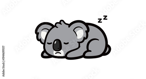 Cute Sleeping Koala Cartoon Illustration - Adorable Gray Koala Bear Character Resting Isolated on White Background
