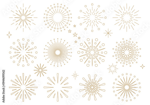 Set of fireworks bursting in various shapes. Firework explosion in night. Firecracker rockets bursting in big sparkling star balls