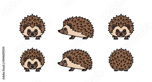Cute Cartoon Hedgehog Character Sprite Sheet - Front, Side, and Back Views
