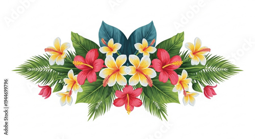 Vibrant tropical floral arrangement with pink yellow plumeria flowers and lush green leaves on transparent background
