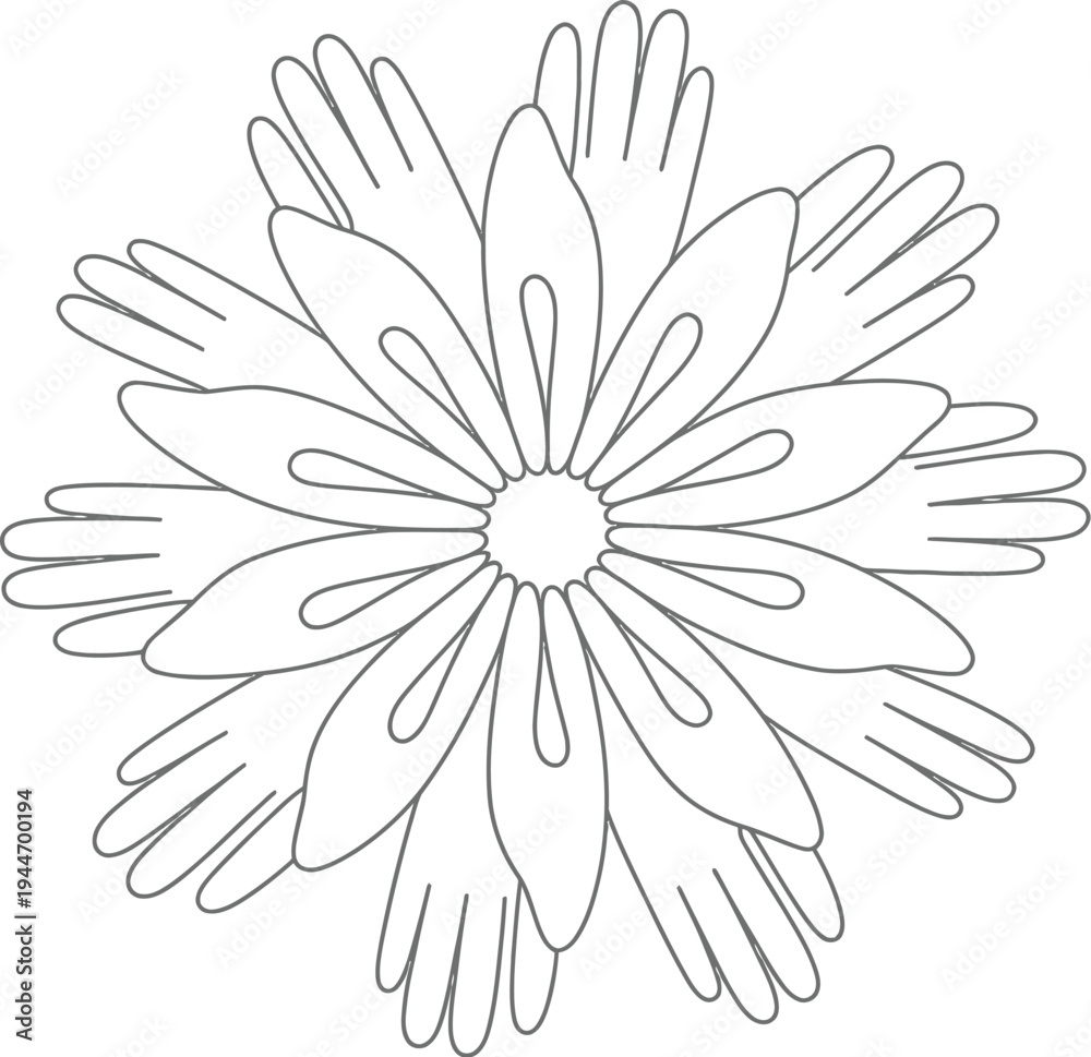 Obraz premium A Black And White Statistical Illustration of a Mandala With Flower Petals Made From Hands