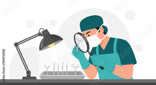 Surgeon Inspecting Surgical Instruments Under Magnifying Glass and Lamp