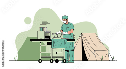 Surgeon in Tent Operating Room with Medical Equipment and Tent