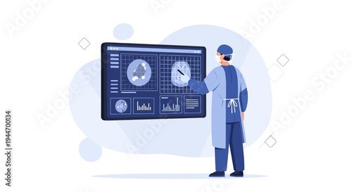 Surgeon Interacts with Futuristic Medical Display Showing Brain Scans and Data