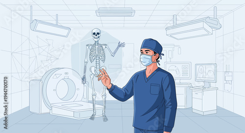 Surgeon Interacts with Holographic Skeleton and Medical Scans in Futuristic Operating Room