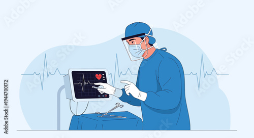 Surgeon monitoring vital signs on EKG machine during surgery
