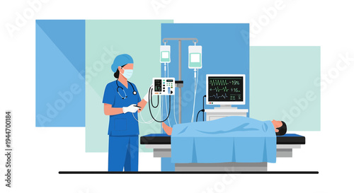 Surgeon Monitors Patient on Operating Table with Medical Equipment and IV Drip