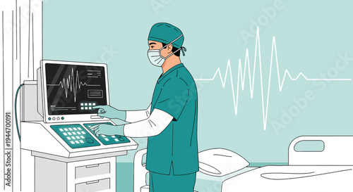 Surgeon monitors patient's vital signs on advanced medical equipment in hospital room