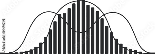 A black and white minimalist line art illustration of a statistical histogram with a normal distribution curve overlay