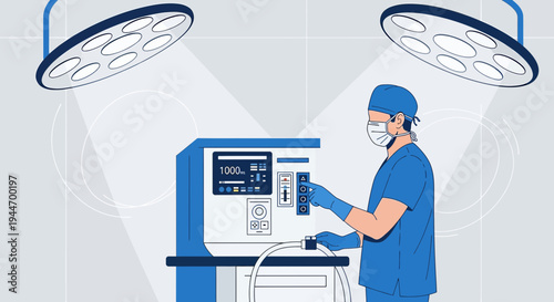 Surgeon Operating Anesthesia Machine in Modern Operating Room with Surgical Lights